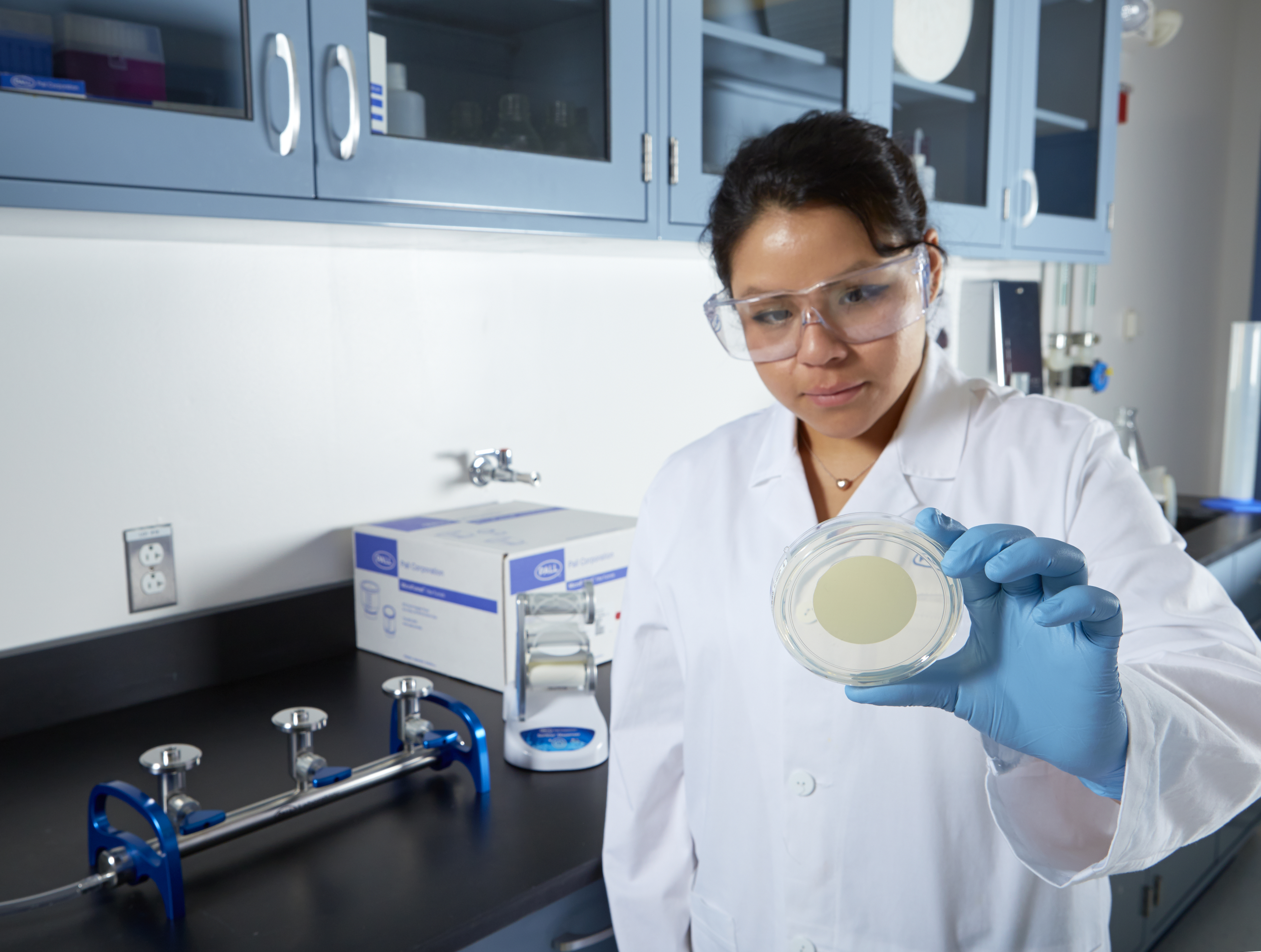 Woman looking at filter in Petri dish