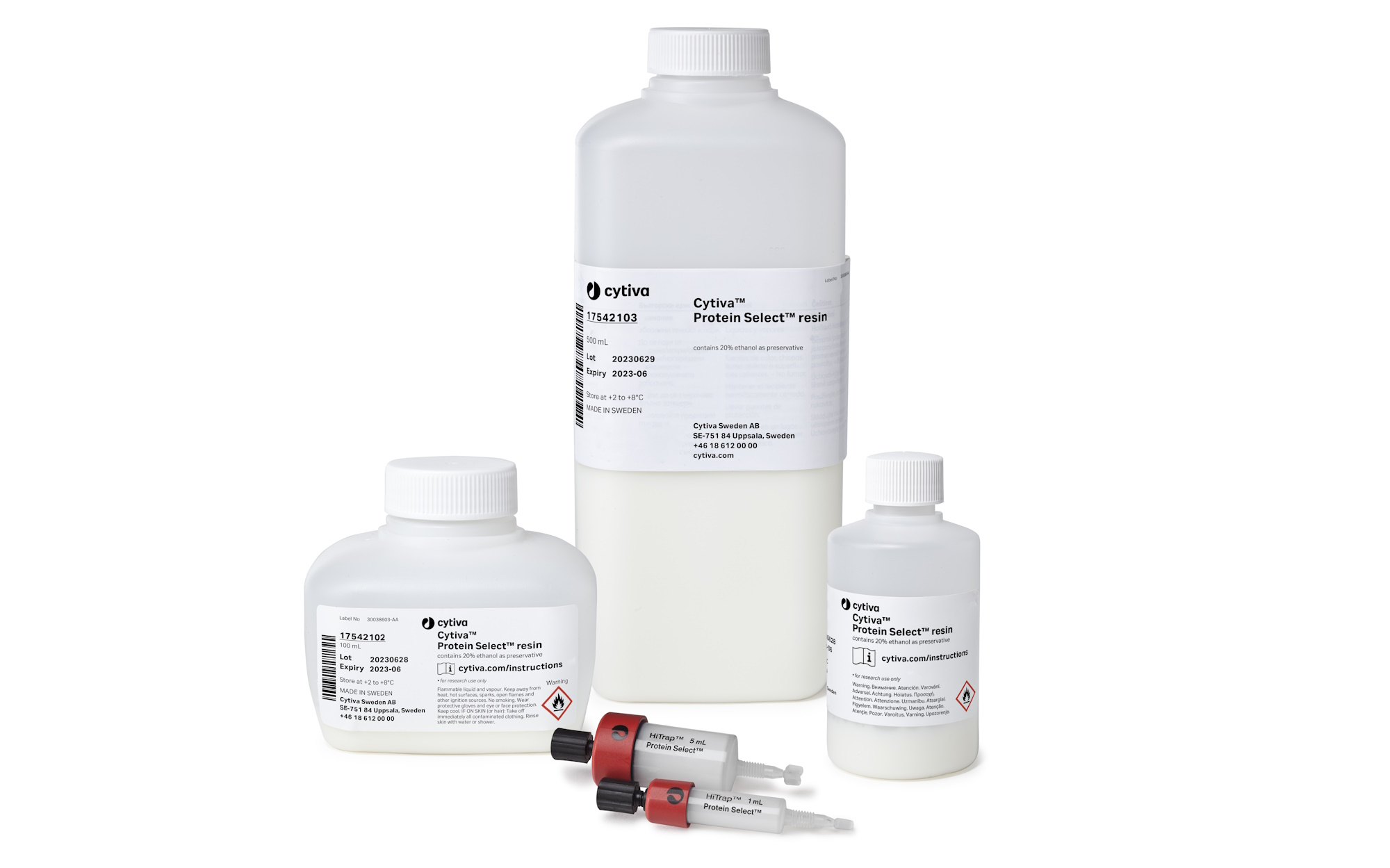Cytiva Protein Select resin formats are: HiTrap prepacked columns and as 25, 100, and 500 mL resin bottles.